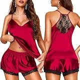 RSLOVE Satin Schlafanzug Damen Kurz - Sexy Silk Pyjama Set 2-Teiliges Nachtwäsche Weinrot M