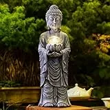 Yeomoo Solar Buddha Figur Höhe 46cm - Mit LED Crackle-Effekt - Große Spirituelle Deko für Zen Garten, Meditation, Yoga und Feng Shui - Geschenk für Frauen/Mama (Garten, Terrasse, Wohnzimmer) Grau