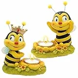 Dekohelden24 Dekofigur Bienenpaar mit Teelichthalter, 2er Set, Gartendeko, Polyresin, Größe: L/B/H ca. 7 x 11,5 x 12,5 cm