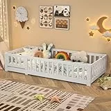 INONEFT Bodenbett Kinderbett 90x200 cm, Montessori Bett Kinder mit Rausfallschutz und Lattenrost, Jugendbett mit Babytür, Rahmenbetten aus Kiefer Massivholz, Bettgestell für Schlafzimmer, Weiß