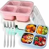 lbxtswpl Bento Snack Boxen, 4 Stück Bento Lunchbox, Snackboxen mit 4 Fächer Wiederverwendbare Mahlzeiten Vorbereitungsbehälter mit Edelstahlgabel für Schule Arbeit Reisen(Grün/Blau/Pink/Beige)