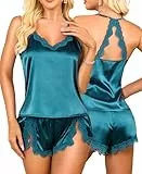 RSLOVE Satin Schlafanzug Damen Sexy - Silk Pyjama Set Kurz 2-Teiliges Nachtwäsche Blaugrün S