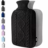 Wärmflasche mit Bezug – Weicher Premium Strickbezug – 1,8l groß Wärmeflasche, Wärmflasche Kinder, Bettflasche für Erwachsene für Kuschelige Nächte und Schmerzlinderung - Schwarz