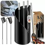 KESSER® Kaminbesteck Set 4-teiliges Kaminzubehör - Modern Design, beschichtet, Hochwertige Kamingarnitur aus 4 Teilen: Besen, Schaufel, Schürhaken, Ständer Stahl Edelstahlgriffe, Schwarz