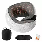 Lavlola Nackenkissen Flugzeug, Reisekissen Auto aus Memory Foam, Verstellbares Nackenhörnchen Nackenkissen Reise mit Ohrstöpseln, Augenmaske (Hellgrau)