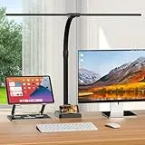 Doppelkopf Schreibtischlampe LED Dimmbar, 24W 80CM Klemmbar Tageslichtlampe Lampe, Schwanenhals Büro Tischlampe Augenschutz Arbeitsplatzleuchte Monitor Lampe DesktopBasis mit Handyhalterung, schwarz