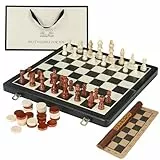Joneytech 2 In 1 Magnetisches Schachspiel，39cmX39cm Schachbrett Holz Faltbares Schach Dame Set Reise-Schachbrettmatte 2 extra Königinnen Schach für Erwachsene Für Anfänger und Profis Chess Board