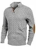 JMIERR Herren Pullover mit Zopfmuster lässiger Stehkragen grobe Freizeit-Strickpullover mit 1/4-Knöpfe Winterpullover Herren Grau M