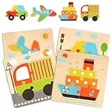 Holzpuzzle Kinder, 4er-Set Holzpuzzle Ab 2 Jahre, Steckpuzzle Montessori Spielzeug, Puzzle Lernspielzeug, Fahrzeug Holzpuzzle Geschenke für Kinder 3 4 5 6 Jahren