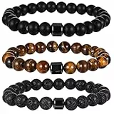 TIESOME 3 Stücke Stretch Perlenarmband Herren, 8 mm Naturstein Armband Herren Verstellbares Tiger Auge Armband Herrenarmbänder für Geschenk Geburtstag Männer