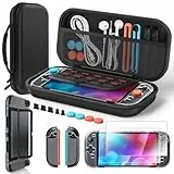 Zubehör für Switch 2 (2025), Slim TragTasche mit 2 HD-Panzerglas (7,9 Zoll), Crystals Cover-Set, taubstöpsel-Kit, 4 Daumengriffe - Tasche für Nintendo Switch 2 Zubehör(Kohlenstoffschwarz)