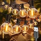 IKERY LED Lichterkette Außen USB String Lights G40 Glühbirnen 12 LEDs 7.6M 25FT LED Girlande Outdoor IP65, Lichterketten für Garten, Terrasse, Balkon, Halloween, Weihnachten, Partys, Camping Deko