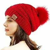 REDESS Damen Winter Pom Pom Beanie Mütze mit warmem Fleece gefüttert, Dicker Slouchy Snow Knit Chunky Baggy Skull Ski Cap