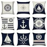Ohok 9er Set Dekorativ Kissenbezug mit Motiv 45x45 cm, Polyester Leinen Zierkissenbezüge Modern Dekokissen Sofakissen Kissenhülle Set für Wohnzimmer Schlafzimmer Sofa Couch (Nautisch B)