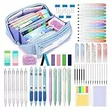 OPPZZIT 63 Stück Schulsachen Aesthetic mit Blauem Federmäppchen, 12 Textmarker Pastell, 5 Schwarze Gelstifte, 6 Druckbleistiften, Aesthetic Schulbedarf für Teenager Mädchen School Stuff Clean Girl