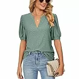 Decorie Bluse Damen Sommer Tshirt Damen V Ausschnitt Kurzarm Damen Oberteile Elegant Damenblusen Casual Blusenshirt Tunika,B-Dunkelgrün,S