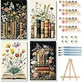 Pujeknm 4 Stück Malen nach Zahlen Erwachsene mit Rahmen - Holzstaffelei, Buch Malen nach Zahlen für Anfänger, DIY Blumen Acryl Ölmalerei Kits mit Pinseln für Home Wall Decor, 20x30 cm