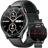 Smartwatch Herren mit EKG 𝐇𝐑𝐕 Blutdruck: Smart Watch Uhr 1,43' Rund AMOLED Schwarz Lederarmband ECG Armbanduhr Wasserdicht Herzfrequenz Schlafen Schrittzähler Telefonfunktion Fitnessuhr Android iOS