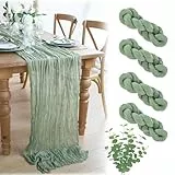 Jeinbuil Tischläufer Eukalyptus Grün 4 Stück, mit 9 Eukalyptuszweig Deko Käsetuch Cheesecloth Musselin Salbeigrün Tischläufer Boho 90x300 cm Lang Hochzeit Geburtstag Tischdeko