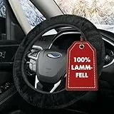 WALSER Lammfell Lenkradbezug, 100% Lammfell Lenkradschutz, Lenkrad Bezug Fell, Auto Winter Zubehör, Lenkrad Wärmer Schwarz