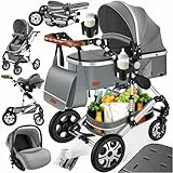 KESSER® Loops 4 in 1 Kinderwagen Kombikinderwagen Komplett-Set inkl. Babywanne & Buggy Sportsitz & Auto-Babyschale Voll-Gummireifen Wickeltasche Regenschutz Kindertisch ECE R129, Asphalt Grau/Silber