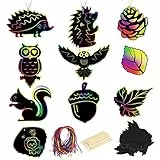 MONCAP 40stk Kratzbilder Kinder Set Igel Kratzpapier Regenbogen Tier Scratch Craft Art Eule kreative Bastelarbeiten Ahornblatt Kratz zum Zeichnen für Geburtstag Dekorieren Party Mitgebsel