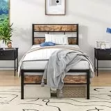 HOJINLINERO Metallbett 90x200 Bett Bettrahmen Holz Bettgestell mit Lattenrost,Bett Holz Metall Modern Gästebett Jugendbett 90x200, Vintage Braun+Schwarz