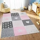 TAPISO Lazur Teppich Kinderteppich Kurzflor Sterne Punkte Herz Patchwork Grau Creme Rosa Jugendzimmer Kinderzimmer Modern Design ÖKOTEX 200 x 290 cm