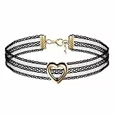 JewelryWe Schmuck Damen Choker Kette Kropfband Set schwarz mit Herz Anhänger Gold, Gothic Tattoo Stretch Samt Spitze Joker Halskette Halsband Lolita Sexy für Junge Frau und Mädel