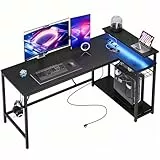 Bestier Gaming Schreibtisch mit LED-Leuchten, Eckschreibtisch mit 2 USB-Ladeanschluss und 3 AC-Steckdosen, Gaming Tisch L Form mit Regal & Monitorständer, Großer Tisch für Büro, Schlafraum， 147cm