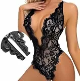 Sexy Damen Spitze Body Babydoll Teddy Mesh Transparent Blumenmuster Tief V-Ausschnitt Verstellbare Träger Offener Rücken Komfortabel Erotische Reizwäsche Nachtwäsche (Schwarz, XL)