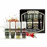 CARACHO Chili Mühlen Set, 4 Mini Mühlen im Geschenkset, Hochwertige Chilis mit verschiedenen Schärfegraden, Chili Gewürz-Set, Chiliflocken in Mühlen