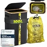 MidingChai 100L Gelber Sack Ständer Stabil, Mülleimer, Ständer Gelber Sack mit Transparentem Fenster, Müllsackhalter für Gelbe Säcke, Mülltütenhalter mit Deckel, Küche, Groß, Schwarz