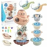 ZUSUZU Badewannenspielzeug,Badewannen-Spielzeuge für Kleinkinder,Baby Badespielzeug,Baby ab 1 2 3 Jahre Geschenk Mädchen und Junge mit Ozean-Tier-Wasser-Spielbecher und Rotierende Scheiben