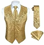 HISDERN Paisley Weste Herren Gelb Jacquard Krawatte Einstecktuch Einstecktuch Hochzeitsfeier Business Fit Weste Anzug Set M