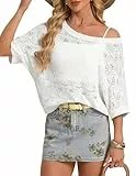 GRACE KARIN Damen Pullover Sommer Lässige Boot Ausschnitt Lochmuster Lockere Strand Obertiele XL Beige