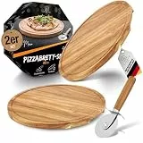 LIKAYA 2x Pizzateller/Pizzabrett rund 35 cm Set aus FSC Akazienholz – edler Pizza Teller mit Pizzaschneider | Pizza Schneidebrett für Küche, Grill & Party | Pizza servieren wie beim Italiener!