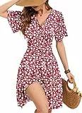WNEEDU Sommerkleider Damen Elegant Kleid Rüschenärmel V-Ausschnitt Empire Taille Leichte Sommerkleider Luftige Strandkleider Damen mit Taschen (Rote Blumen, L)