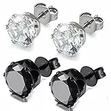 OIDEA Unisex Ohrringe Ohrstecker mit Zirkonia: 2 Paare Herren Damen Rund Ohrstecker Set aus Edelstahl einfach 3mm breit Zirkon Schwarz Weiss Geschenk für Frauen Mädchen