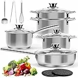 14 Teiliges Edelstahl Töpfe und Pfannen Set, Induktions Topfset, Kochtopf mit Dampfgarer & Glasdeckel & Utensilienset, Brotklammer, Schneebesen, Heizkissen, Spatel, geeignet für alle Herde