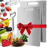 2 Stück Titan Schneidebrett, Schneidbrett aus 304 Edelstahl, Titanium Cutting Board mit Schäler, Doppelseitiges Lebensmittel Grade Schneidebrett, Titanium Cutting Board für Fleisch, Obst, Brot, Gemüse