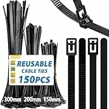 Caianwin 150 Stück Kabelbinder Wiederverschließbar 150/200/300mm x 7,2 mm, Zugfestigkeit Bis Zu 22kg, Nylon Kabelbinder Schwarz für Industrie, Gartenbau, Kabelindustrie