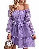 BebreezChic Kleid Damen Elegant Langarm Off Shoulder Einfarbig Swiss Dot Luftig Sommerkleid Minikleider Partykleid Strandkleid mit Gürtel, Violett XL
