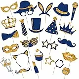 24 Stück Lustige Fotoautomat Requisiten Foto Booth Props für Geburtstag Hochzeit Disco Karneval Party Zubehör Mischung mit Hut, Lippenstift, Krawatte, Kronen (Gold und Marineblau)