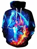 Ahegao Herren-Sweatshirts für Herren, 3D-Druck, blau-orangefarbener Kapuzenpullover für Damen und Herren, neonfarbener Wolf, Größe M