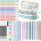 Four Candies 39 Stück Schulsachen mit Mäppchen, 12 Pastell Textmarker, 5 Gelstifte, 6 Druckbleistift Set, Aesthetic Stifte und Coole Sachen für Teenager Mädchen School Stuff Clean Girl (Blauer)