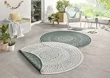 Northrugs Porto In- und Outdoor Teppich Rund – Runder Wendeteppich Wasserfest Mandala Design Flachgewebe Teppich Wetterfest für Balkon, Terrasse, Garten, Wohnzimmer in Grün Creme, ⌀140cm