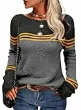 Tankaneo Damen Pullover Colorblock Langarm Rundhals Strickpullover Gestreift Slim Fit Strickwaren Tops schwarz M