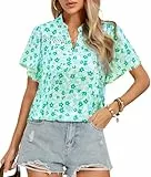 Kate Kasin Elegante Damen V-Ausschnitt Freizeit Bluse Blumen Schulter Sommer Hellgrün M