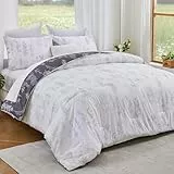 Qucover Bettdecke 200x200cm mit Bezug aus Mikrofaser Füllung 220 GSM Weich 4-Jahreszeiten Bettdecken mit 2 Kissenbezüge Bedruckte Pflanzen Muster Wende-Steppdecke Weiß & Grau